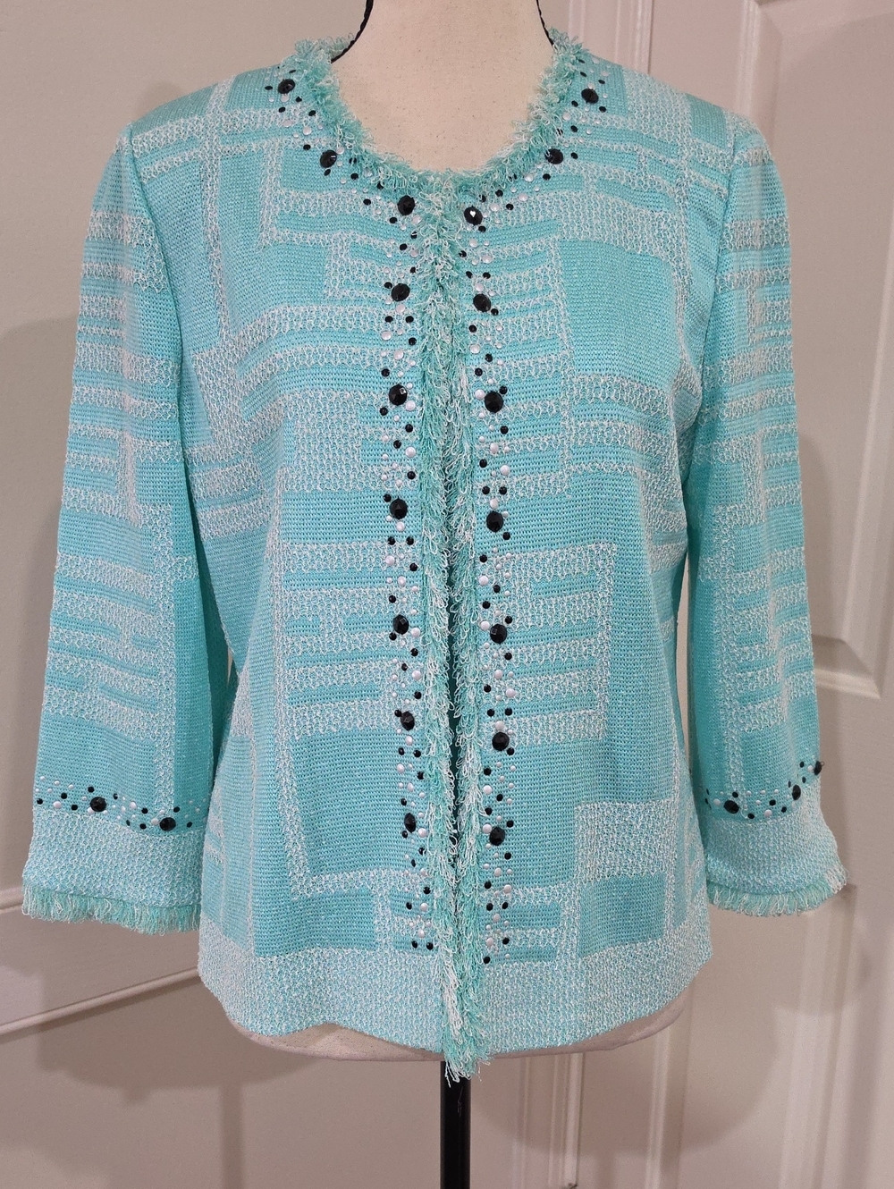 Ming Wang Turquoise Grid Knit Beaded Twin Set– 2 Piece Jacket & Tank Set– Size M
